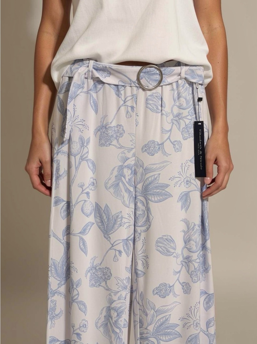 Elizabeth & Nicole Wide Leg Floral Print Pants with Belt - White & Light Blue